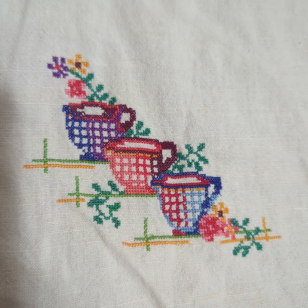 Vintage Hand Embroidered Linen Tablecloth 25x25 Floral Horse Cart Cross